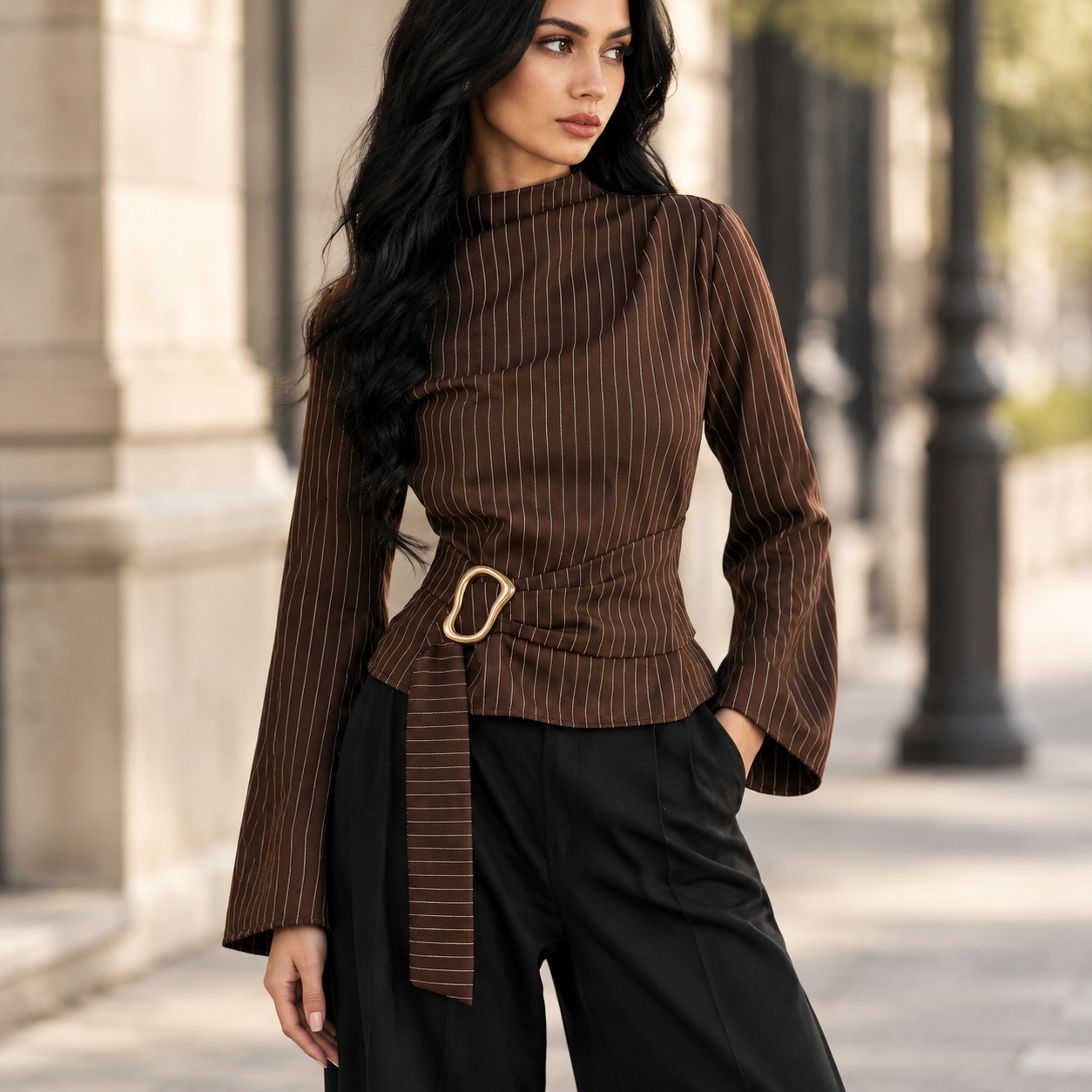 Women Fashion Necktie - Blusa de manga larga con cuello